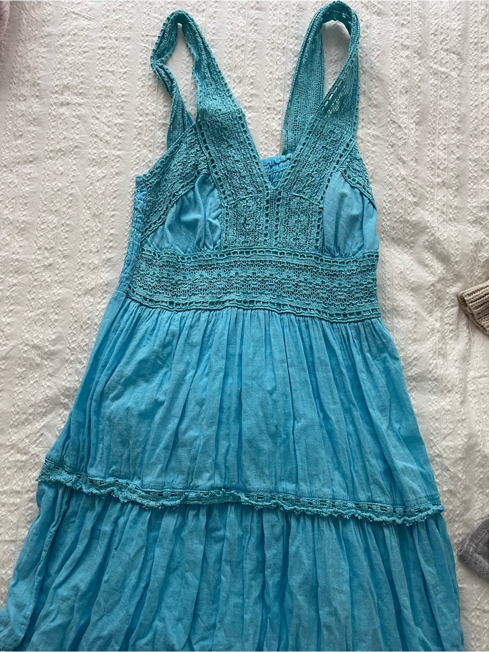 Boho Crochet Bodice Maxi Dress in Aqua Blue